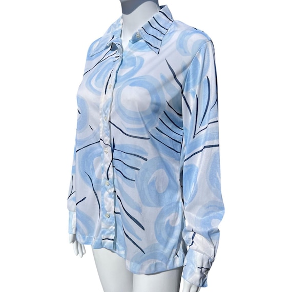 70s Sheer Abstract Print Dagger Collar Button Up … - image 3