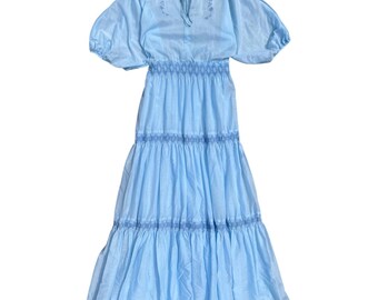 Vintage 70s Jodi of California Blue Floral Prairie Maxi Dress Tiered Layered Skirt XL