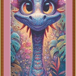 May include: A colorful illustration of a friendly dragon with large, expressive eyes. The dragon is primarily blue and purple, with orange accents and is surrounded by lush, detailed foliage. The artwork is framed in a decorative border.