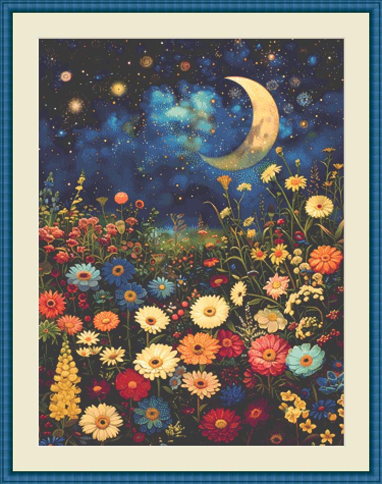 Patrón de punto de cruz contado "Campo de flores bañado por la suave luz de la luna" de IllustNation (formato digital)