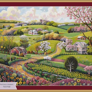 Puede incluir: Una pintura colorida de un paisaje rural con colinas onduladas, casas y árboles en flor. La escena está llena de verdes, amarillos y rosas vibrantes, creando un ambiente alegre e idílico.