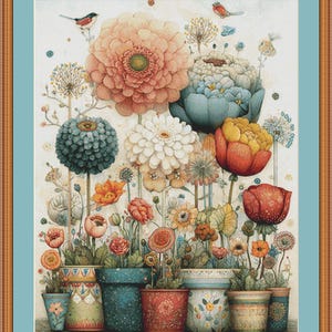 May include: A framed floral print featuring a variety of colorful flowers in decorative pots. The artwork showcases large, detailed blooms in shades of peach, blue, white, and red, with small birds in the background. The pots are in various colors and patterns.
