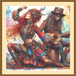 May include: A colorful painting of a woman with long red hair wearing a colorful outfit and a man with long dreadlocks playing a guitar. The woman is dancing and the man is sitting on a wooden stool. The background is a colorful abstract design.