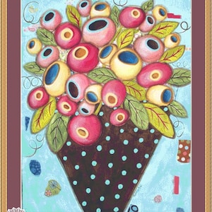 May include: A painting of a bouquet of pink, yellow, and blue flowers with black centers in a brown polka dot vase on a light blue background.