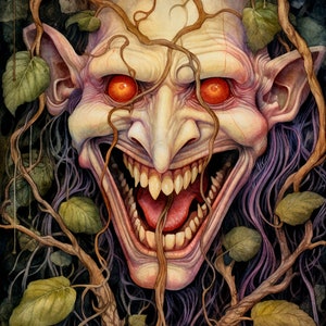 Puede incluir: Una pintura de acuarela de un rostro monstruoso con dientes afilados y ojos rojos brillantes. El rostro está rodeado de enredaderas y hojas, creando una atmósfera espeluznante y misteriosa. El texto "Halloween Vines 6 © Dutch Lady Mystic Art Pattern © Stitches Sew Beautiful, LLC" está en la parte inferior de la imagen.