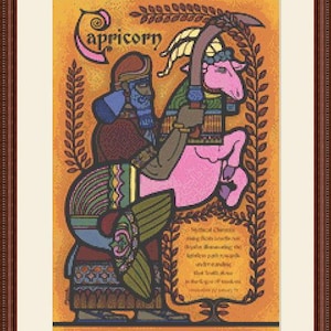 Puede incluir: Obra de arte enmarcada que representa el signo zodiacal de Capricornio. La ilustración muestra una figura montada en una cabra rosa, con la palabra "Capricornio" en la parte superior. La obra tiene un fondo naranja y está enmarcada en madera marrón oscuro.