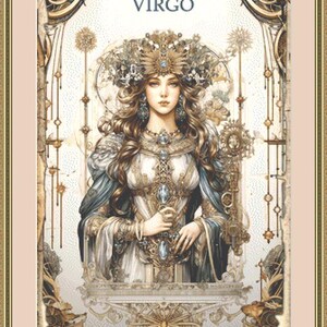 以下が含まれることがあります： 占星術の星座、乙女座のデジタルイラスト。画像には、王冠と流れるようなガウンを着た、長い茶色の髪をした女性が描かれています。背景は白と金のデザインで、上部に「乙女座」の文字があります。