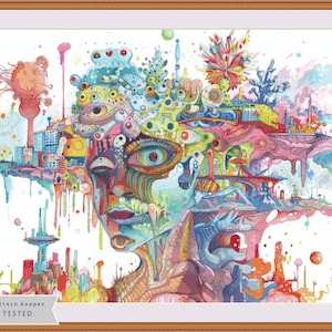 May include: A colorful abstract painting with a human face in the center. The face is surrounded by a variety of shapes and colors, including eyes, buildings, and plants. The painting is set against a white background.