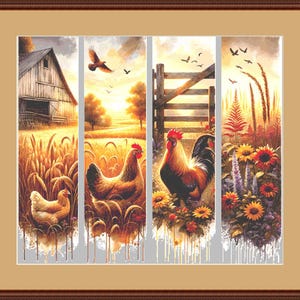 May include: A framed artwork depicting a rural farm scene. The artwork is divided into four vertical panels. The panels show a barn, chickens, a rooster, a fence, sunflowers, and a sunset. The color palette includes shades of brown, yellow, and orange.