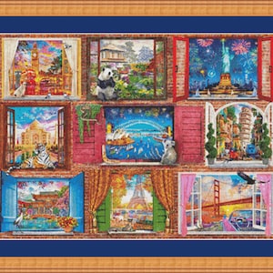 Puede incluir: Una obra de arte enmarcada con nueve escenas de ventanas que muestran lugares emblemáticos y animales famosos. Las escenas incluyen la Torre Eiffel, el Taj Mahal, el Big Ben y la Estatua de la Libertad. La obra de arte está ambientada sobre un fondo de pared de ladrillo.
