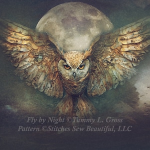 May include: A brown and gold owl with its wings spread wide, flying in front of a large, full moon. The owl's eyes are bright yellow and its feathers are detailed. The background is a dark, cloudy sky.