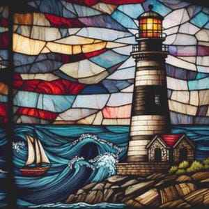 May include: A stained glass window depicting a lighthouse with a black and white striped tower, a small house, and a sailboat on a blue sea with white waves. The sky is a colorful mosaic of red, blue, and yellow.