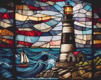 Stained Glass Lighthouse (Max Color) counted cross stitch pattern ©Adobe Ext. License (Digital Format)