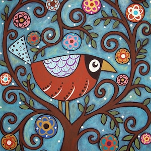May include: A whimsical painting of a red bird perched on a brown tree branch with swirling vines and colorful flowers. The background is a blue-green color with white dots. The painting is signed "Art © Karla Gerard" and "Pattern © Stitches Sew Beautiful, LLC".