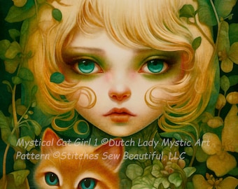 Può includere: Un dipinto digitale di una ragazza con i capelli biondi e gli occhi azzurri, circondata da foglie verdi e fiori. Un gatto zenzero con gli occhi azzurri spunta da dietro la ragazza. Il testo "Mystical Cat Girl 1 ©Dutch Lady Mystic Art Pattern ©Stitches Sew Beautiful, LLC" è in basso nell'immagine.