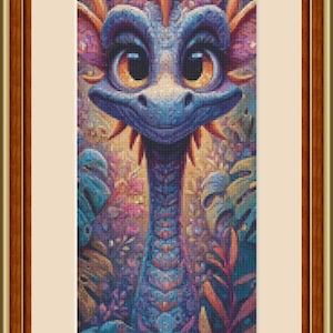 May include: A framed, colorful illustration of a friendly dragon. The dragon is blue with orange accents and large, expressive eyes. The background features lush, stylized foliage in shades of blue, purple, and orange.