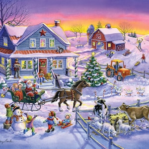 Puede incluir: Una escena de invierno nevada con una granja, un granero, un árbol de Navidad y un trineo tirado por un caballo. Santa Claus está en el trineo con niños. También hay animales de granja, incluyendo vacas, ovejas y gansos. La escena se desarrolla al atardecer con un cielo rosa y naranja.