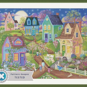 May include: A colorful, whimsical painting of several houses on a hillside at night. The houses are various colors, with details like flowering vines and lit windows. A path winds through the scene, with people and a dog. The text "Pattern Keeper TESTED" is in the lower left.