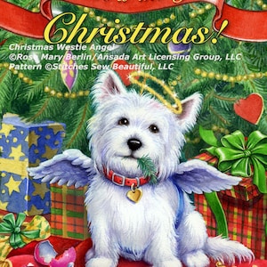 Puede incluir: Un perro West Highland Terrier blanco con un collar rojo con un dije de corazón dorado y alas de ángel, sosteniendo una rama de pino en su boca. El perro está sentado frente a un árbol de Navidad con regalos y adornos. El texto "Have a merry Christmas!" está escrito en rojo y dorado en una cinta roja sobre el perro. El texto "Christmas Westie Angel" está escrito debajo del perro, junto con la información de copyright.