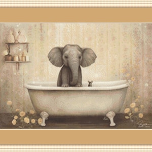 May include: A gray elephant takes a bath in a white porcelain bathtub with a small mouse watching from the edge. The bathroom is decorated with a vintage style and has a shelf with bottles and jars.