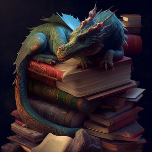 A Little Dragon and Books (Adobe Ext. License) cross stitch pattern by StitchesSewBeautiful (Digital Format)