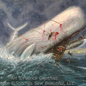 Puede incluir: Una pintura que representa una ballena blanca de esperma atacando un barco. La ballena está emergiendo del agua, con la boca abierta y el cuerpo cubierto de sangre. El barco se está hundiendo y la tripulación está luchando para escapar. La pintura está ambientada en un cielo tormentoso.