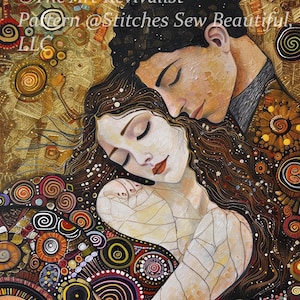 Puede incluir: Una pintura de una pareja abrazándose, con la cabeza de la mujer descansando sobre el hombro del hombre. La pintura está realizada en un estilo abstracto y colorido con patrones y círculos en espiral.