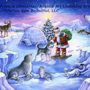 Puede incluir: Una escena de invierno nevada con una figura de Papá Noel con un traje rojo y barba blanca, de pie con un perro husky frente a un iglú. La escena incluye un oso polar, una foca, un frailecillo y otros animales árticos. El texto "Arctic Friends Christmas/Ansada Art Licensing Group, LLC Pattern Stitches Sew Beautiful, LLC" está en la parte superior de la imagen.