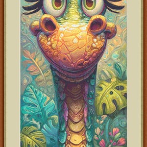 Puede incluir: Ilustración colorida de un dragón sonriente, con ojos grandes y una expresión amigable. El dragón se representa en tonos de turquesa, morado, naranja y amarillo, rodeado de exuberante follaje. La obra tiene un tema de fantasía caprichosa.