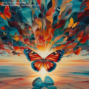 May include: A colorful abstract painting of a butterfly with orange, red, and blue wings. The butterfly is surrounded by a burst of colorful shapes and patterns, creating a sense of movement and energy. The background is a soft, hazy blue, suggesting a sky or water.