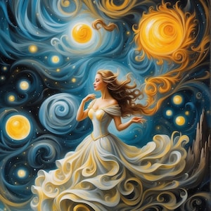 Peut inclure: Peinture éthérée d'une femme en robe blanche et dorée flottante, sur fond céleste tourbillonnant bleu et or. L'œuvre évoque un sentiment de fantaisie et d'émerveillement, avec un style artistique et onirique.