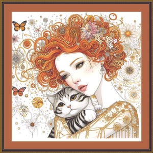 May include: A woman with long, curly red hair and a cat. The woman is wearing a gold and white dress and has a delicate floral crown in her hair. The cat is sitting on her shoulder and looking at the viewer.