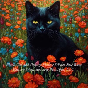 Black Cat and Orange Flowers cross stitch pattern by Eder Jose Rosa (Digital Format)