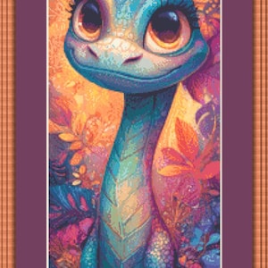 May include: A colorful digital art print of a cartoon-style lizard with large eyes and a long neck, surrounded by vibrant foliage in shades of orange, purple, and blue. The artwork is framed in a decorative border.