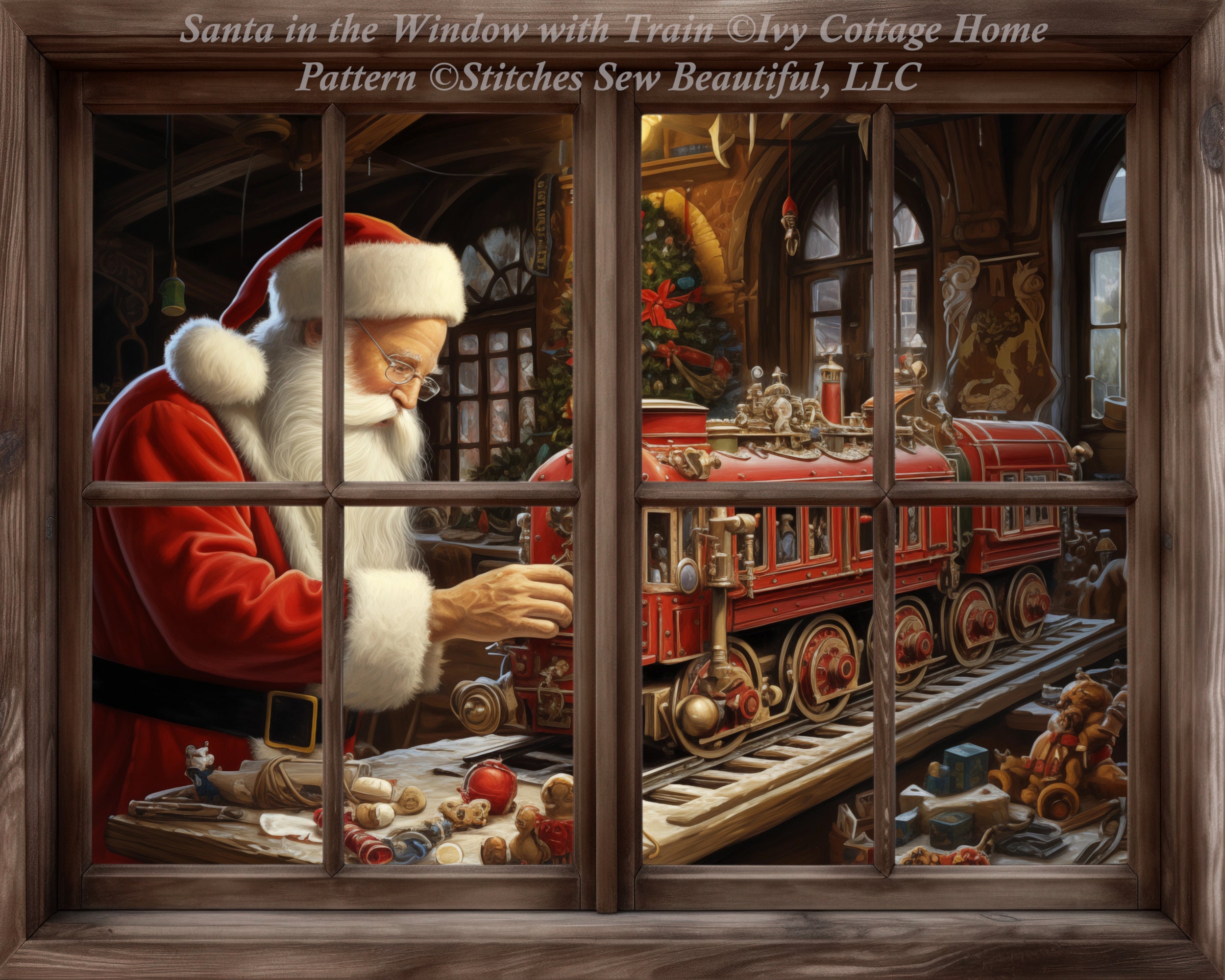 Santa in the Window with Train (Max Size/Color) cross stitch pattern by IvyCottageHome (Digital Format)