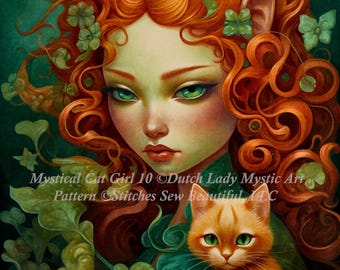 Può includere: Un dipinto digitale di una donna con lunghi capelli rossi ricci e occhi verdi. Indossa un vestito verde e ha un piccolo gatto arancione seduto sulla sua spalla. Lo sfondo è una foresta verde e marrone.