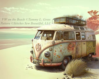VW on The Beach cross stitch pattern by Tammy L Gross (Digital Format)