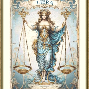 May include: A vintage illustration of the astrological sign Libra, featuring a woman holding a set of scales. The woman is dressed in a blue gown with gold accents and has long flowing hair. The background is a light blue with gold accents.