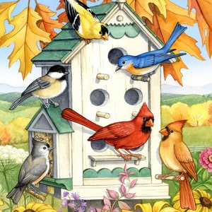 May include: A white birdhouse with a green roof and five nesting holes.  The birdhouse is surrounded by colorful flowers and five birds: a yellow and black bird, a blue bird, a black and white bird, a red cardinal, and a yellow cardinal.  The text "Bird House ©Rose Mary Berlin/Ansada Art Licensing Group, LLC Pattern ©Stitches Sew Beautiful, LLC" is printed at the top of the image.
