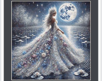 Queen of the Moonlit Lake (Small) counted cross stitch pattern by Mystic Vision Gallery (Digital Format)
