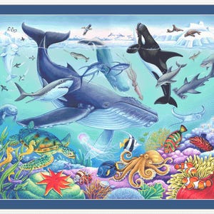Puede incluir: Una escena submarina colorida con una gran ballena azul, una orca en blanco y negro, una tortuga marina, un pulpo y varios peces. La escena se desarrolla sobre un fondo de arrecifes de coral y una cordillera nevada.