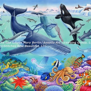 Puede incluir: Una escena submarina con una variedad de criaturas marinas, incluyendo una ballena, un tiburón, un pulpo, una tortuga y una escuela de peces. La escena está pintada en un estilo colorido y caprichoso, con un fondo azul brillante y una variedad de arrecifes de coral y algas marinas.