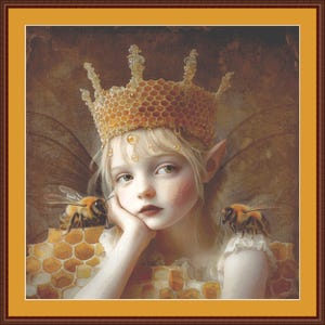 May include: A framed portrait of a young person with blonde hair, wearing a honeycomb crown and a white dress. Two bees are perched on the shoulders and honeycomb structure. The artwork has a soft, ethereal quality with warm tones.