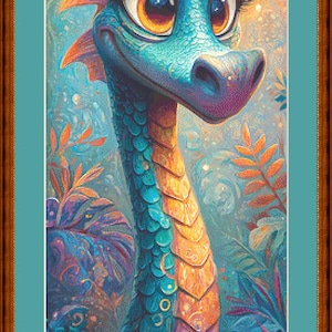 Könnte beinhalten: Farbenfrohe Illustration eines freundlichen Drachen mit großen Augen und langem Hals. Der Drache ist hauptsächlich blau, mit orangefarbenen und violetten Akzenten. Der Hintergrund zeigt üppiges Laub und warmes, goldenes Licht.