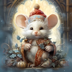 May include: A whimsical illustration of a white mouse wearing a red and gold patterned coat and hat with a pom-pom. The mouse is surrounded by holly and small pumpkins, creating a festive, fairytale-like scene. The background features a stained-glass window.