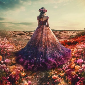 May include: A woman in a long, flowing dress with a gradient of purple, pink, and orange hues stands in a field of colorful flowers. The dress has a fitted bodice and a full skirt. The woman is wearing a flower crown and has her back to the camera.