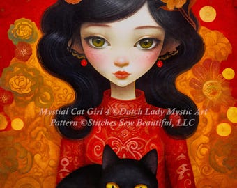 Può includere: Un dipinto digitale di una donna con lunghi capelli neri che indossa un vestito rosso e una corona di fiori. Sta tenendo un gatto nero con gli occhi gialli. Lo sfondo è un motivo floreale rosso e oro. Il testo "Mystial Cat Girl 4 Dutch Lady Mystic Art Pattern Stitches Sew Beautiful, LLC" è in basso nell'immagine.
