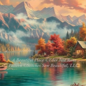 Peut inclure: Une peinture représentant une scène d'automne pittoresque avec un lac, des montagnes et des arbres colorés. Deux petites maisons sont nichées sur la rive, avec un pont en bois menant à l'une d'elles. Le lac est calme et réfléchissant, avec un petit bateau flottant à la surface. Le texte "A Beautiful Place" est visible dans le coin inférieur droit de l'image.