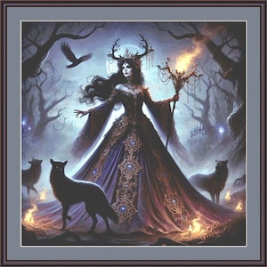 May include: A digital art print of a dark fantasy scene. A woman in a long, ornate gown stands in a forest, holding a staff with a flame. Black wolves and a raven are also present, with a dark, mystical atmosphere.
