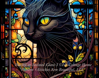 Black Cat Stained Glass 3 cross stitch pattern by IvyCottageHome (Digital Format)